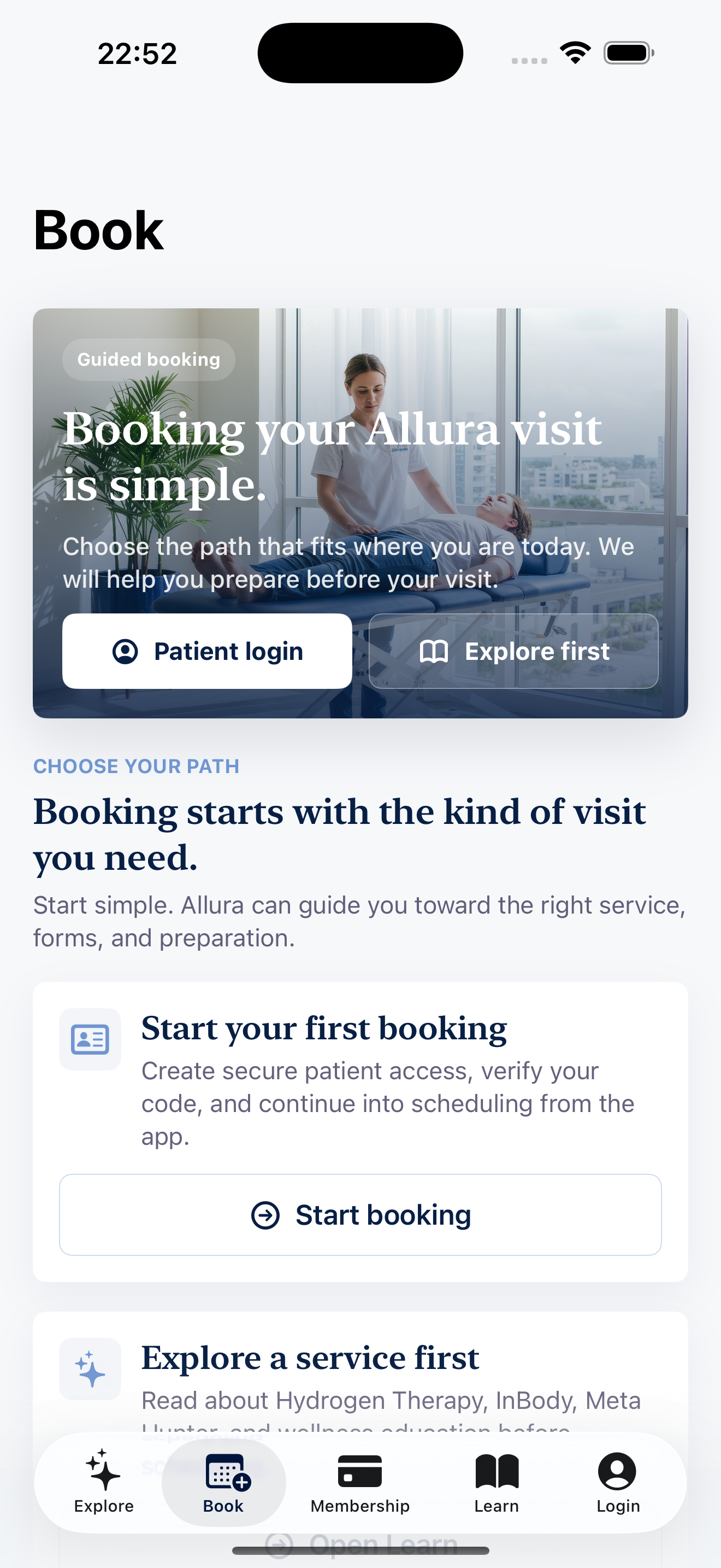 Allura App booking screen