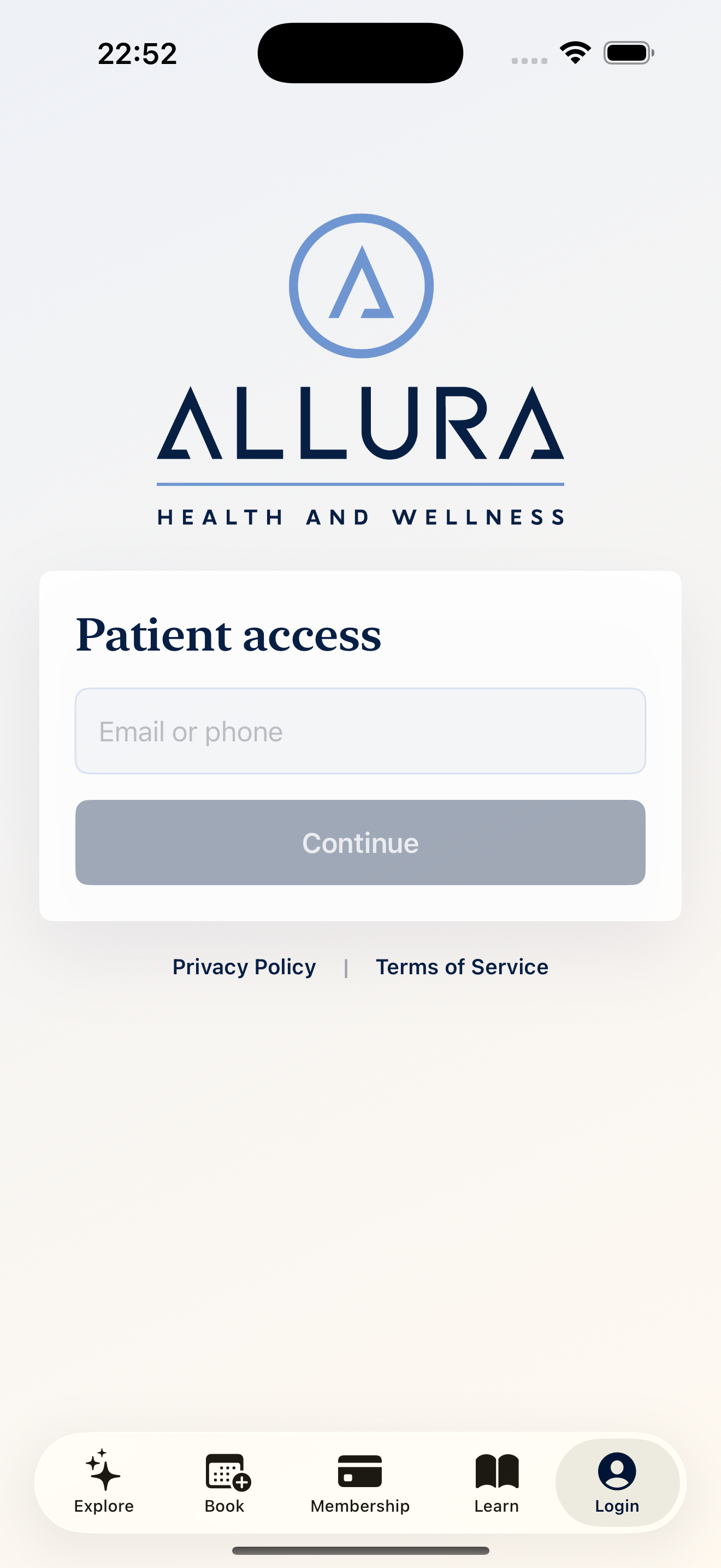 Allura App login screen