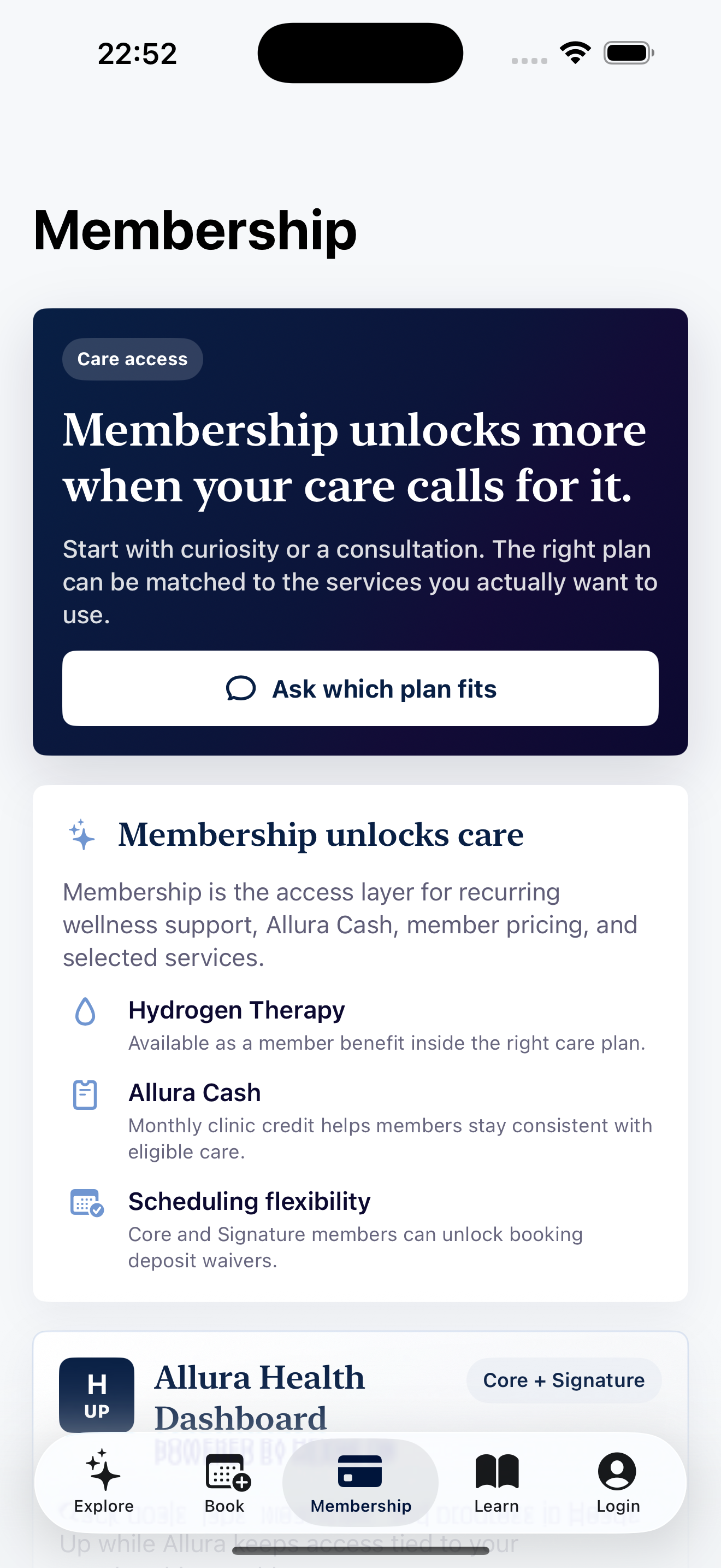 Allura App membership screen