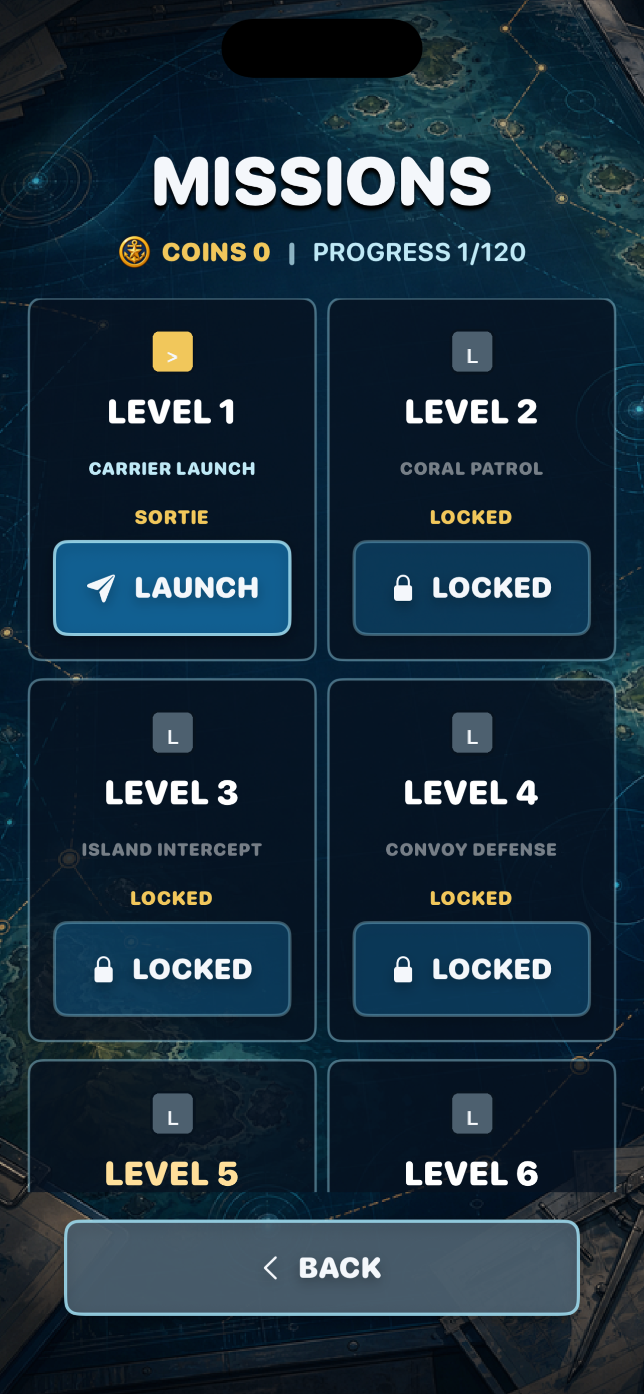 Navy Skies mission selection screen