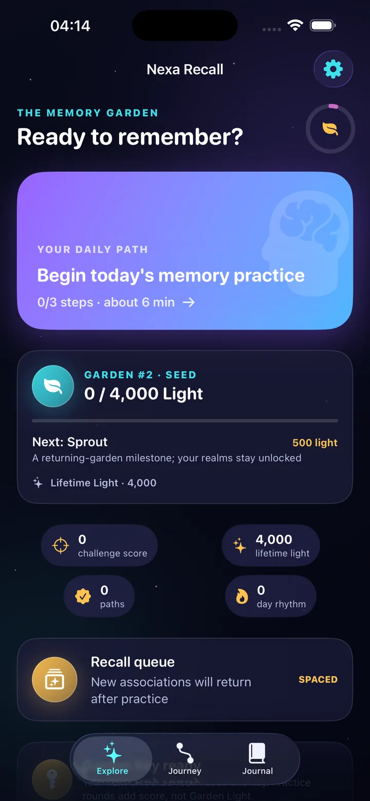 Nexa Recall daily path and Memory Garden home screen